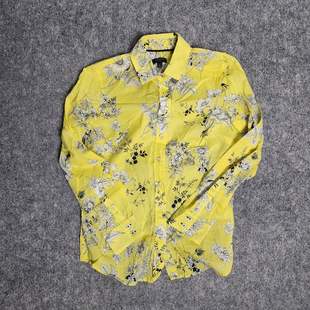 Talbots Petite Blouse Shirt Women P Yellow White Floral Print Long Sleeve Button